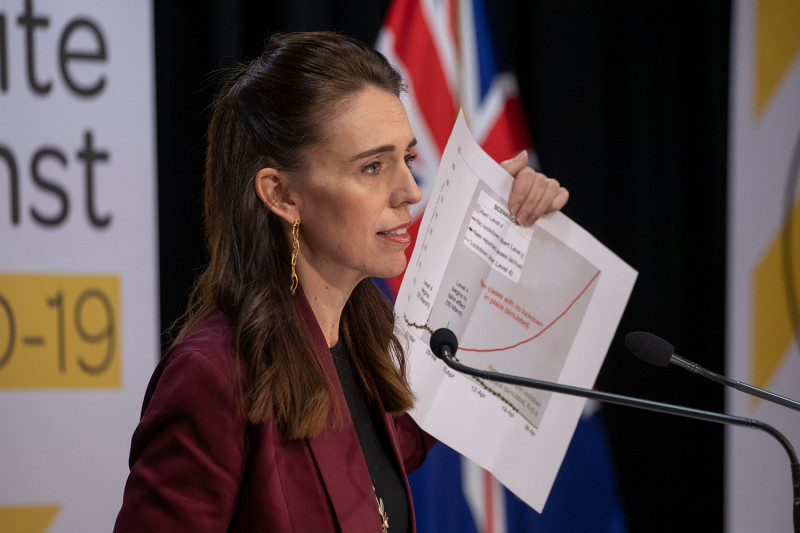 Prime Minister Jacinda Ardern speaks at a briefing on the coronavirus pandemic at Parliament in Wellington, New Zealand, on April 27. Mark Mitchell/Getty Images