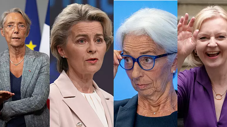 ليز تراس رئيسة الوزراء البريطانية، كريستين لاغارد رئيسة البنك المركزي الأوروبي، أورسولا فون دير لاين رئيسة المفوضية الأوروبية وإليزابيث بورن رئيسة الوزراء الفرنسية. (AP & AFP)