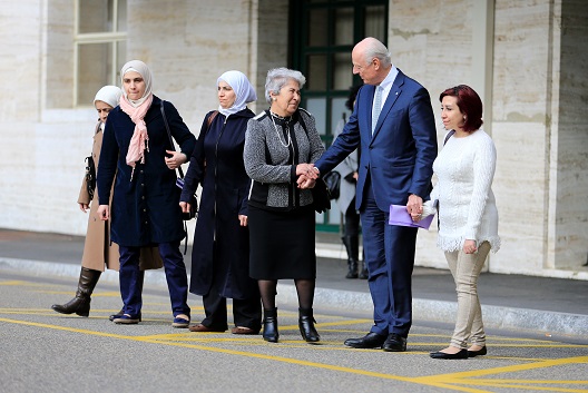 U.N. mediator for Syria Staffan de Mistura meets a group of women whose family members have either been detained by Syrian authorities or abducted by armed groups, or simply missing